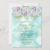 Invitation Jolie Turquoise Blue Gold Floral rose fête d'anniv (Devant)