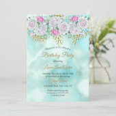Invitation Jolie Turquoise Blue Gold Floral rose fête d'anniv (Debout devant)