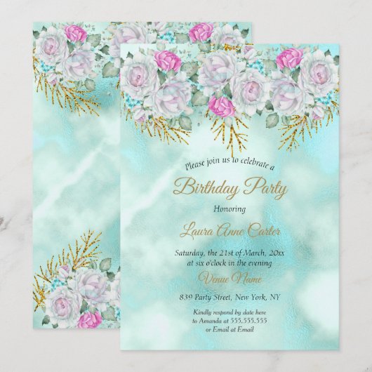 Invitation Jolie Turquoise Blue Gold Floral rose fête d'anniv (Devant / Derrière)
