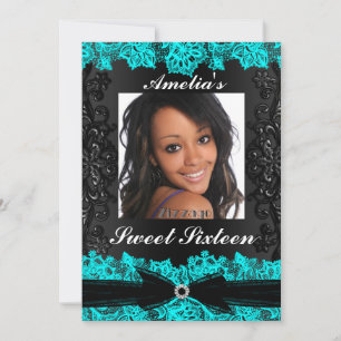 Invitation jolie turquoise et noir à dentelle pour