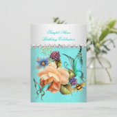 Invitation Jolie Turquoise Pêche Papillon Rose fête d'anniver (Debout devant)