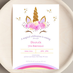 Invitation Jolie Unicorn Magique Fille anniversaire
