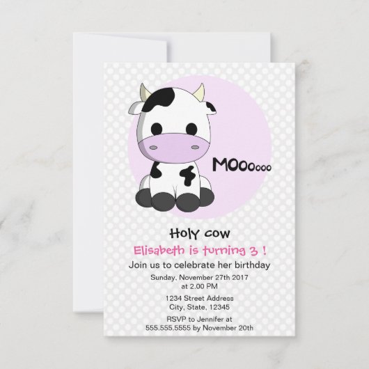 Invitation Jolie vache à petits pois fille anniversaire de en (Devant)