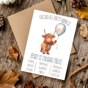 Invitation Jolie vache des Highlands avec ballon pour fête d'