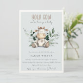Invitation Jolie Vache du feuillage Pastel Baby shower bleu (Debout devant)