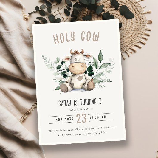 Invitation Jolie Vache Foliage Pastel Anniversaire de enfant 