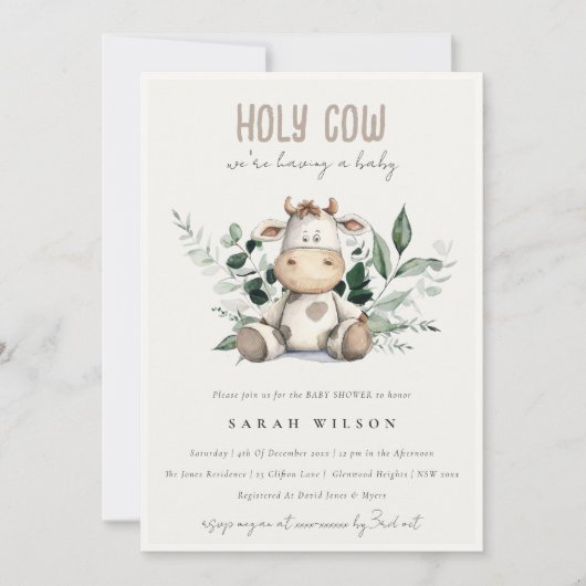Invitation Jolie Vache Foliage Pastel Baby shower Neutre (Devant)