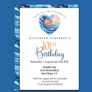 Invitation Jolie Vague Océanique Cœur 101e Anniversaire
