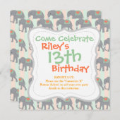 Invitation Jolies éléphants Coral Peach Mint Green Stried (Devant / Derrière)