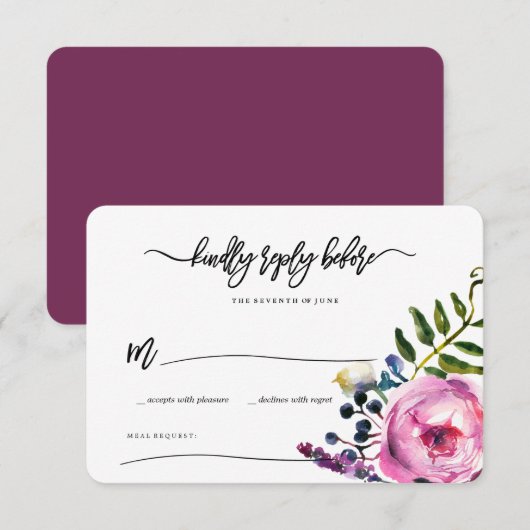 Invitation Jolies fleurs aquarelles violettes RSVP (Devant / Derrière)