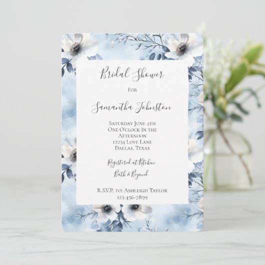 Invitation Jolies Fleurs Blanches Bleu Clair Shower Nuptial (Debout devant)