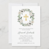 Invitation Jolies fleurs blanches et Feuilles verts | Baptême (Devant)