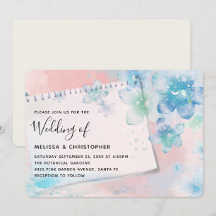 Invitation Jolies Fleurs Bleues sur Fond Rose Mariage