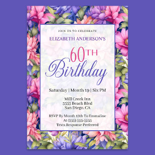 Invitation Jolies Fleurs de Jardin Rose Violet pour 60 ans