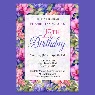 Invitation Jolies Fleurs de Jardin Rose Violet Pour un 25ème