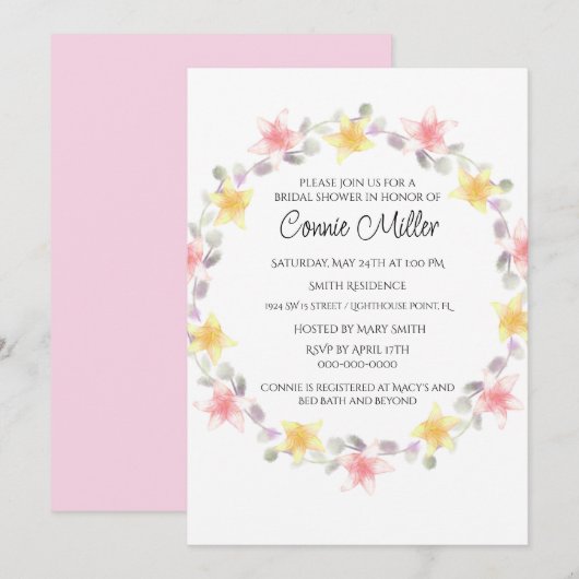Invitation Jolies fleurs de lys rose et jaune Shower de maria (Devant / Derrière)
