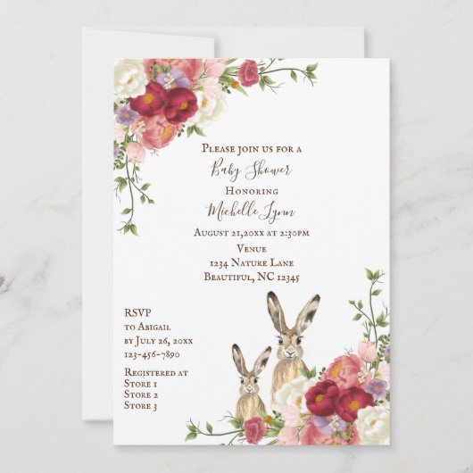 Invitation Jolies fleurs de pivoine et Baby shower lapin lapi (Devant)