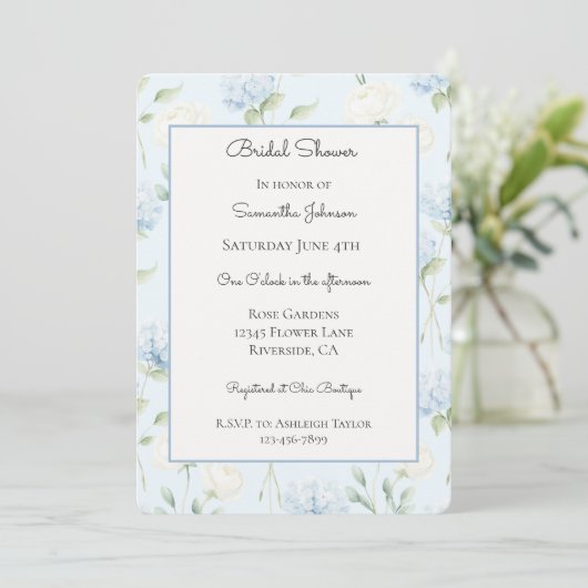 Invitation Jolies Fleurs d'Hydrangea Bleu Mariage (Debout devant)