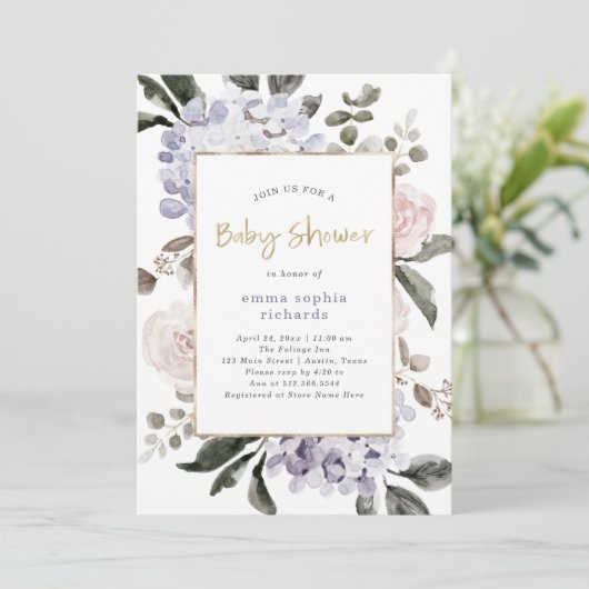 Invitation Jolies fleurs d'Hydrangea et or| Baby shower (Debout devant)
