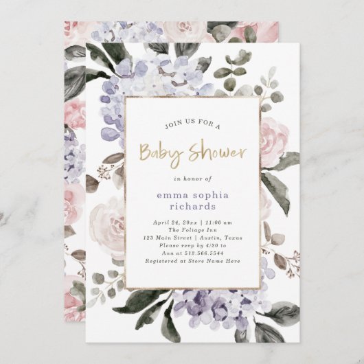 Invitation Jolies fleurs d'Hydrangea et or| Baby shower (Devant / Derrière)