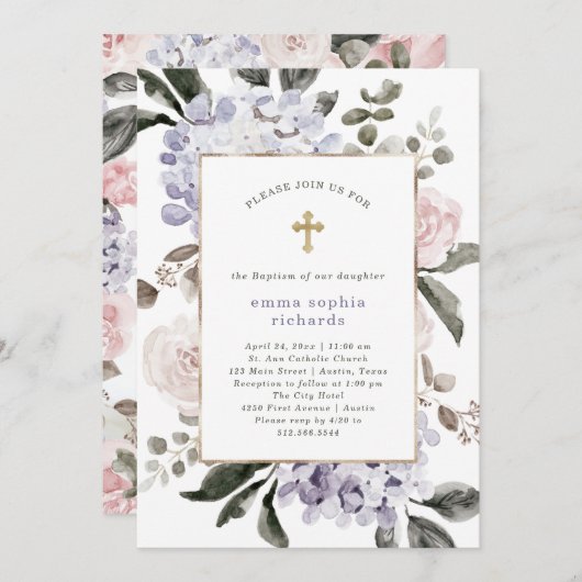 Invitation Jolies fleurs d'Hydrangée | Photo Retour Baptême (Devant / Derrière)