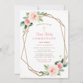 Invitation jolies fleurs roses rousses première communion sai (Devant)