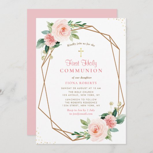 Invitation jolies fleurs roses rousses première communion sai (Devant / Derrière)