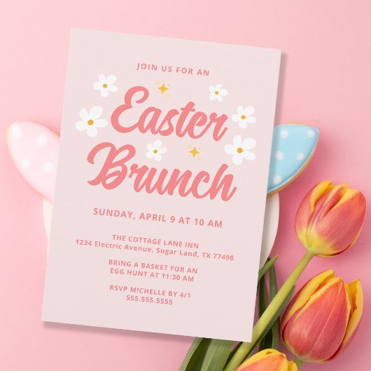 Invitation Jolies fleurs roses simples Brunch de Pâques