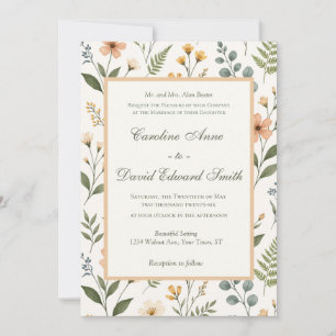 Invitation Jolies fleurs sauvages et fougères neutres pastel