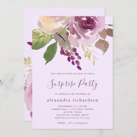 Invitation Jolies fleurs violettes | Parti surprise (Devant / Derrière)