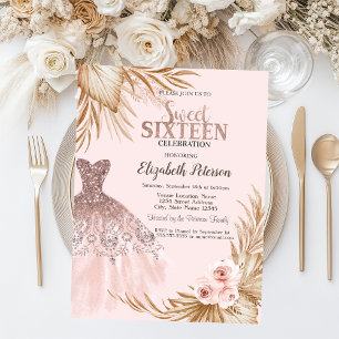 Invitation Jolies Gouttes de Paillettes, Robe, Pampas, Rose D