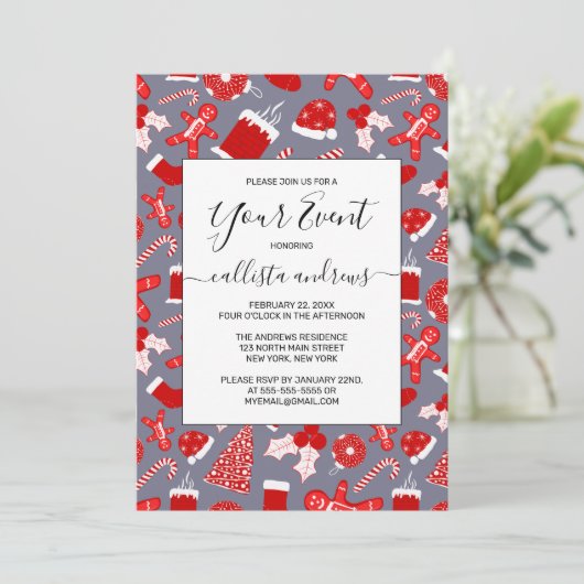 Invitation Jolies Illustrations Rouges Festives Motif de Noël (Debout devant)