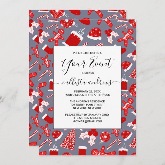 Invitation Jolies Illustrations Rouges Festives Motif de Noël (Devant / Derrière)