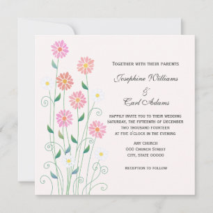 Invitation Jolies marguerites rose et blanc dessinées à la ma