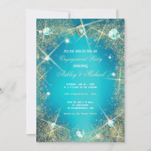Invitation jolies paillettes turquoises glamour bijoux diaman (Dos)