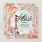 Invitation Jolies perles Baby shower Paris rose (Devant / Derrière)