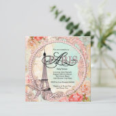 Invitation Jolies perles Baby shower Paris rose (Debout devant)
