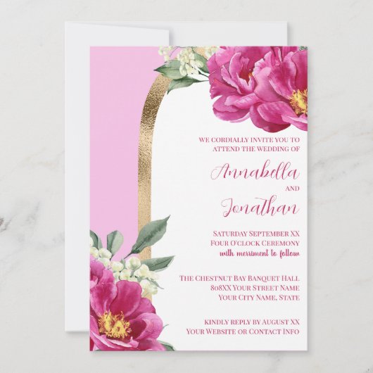 Invitation Jolies pivoines roses avec or sur Mariage rose (Devant)