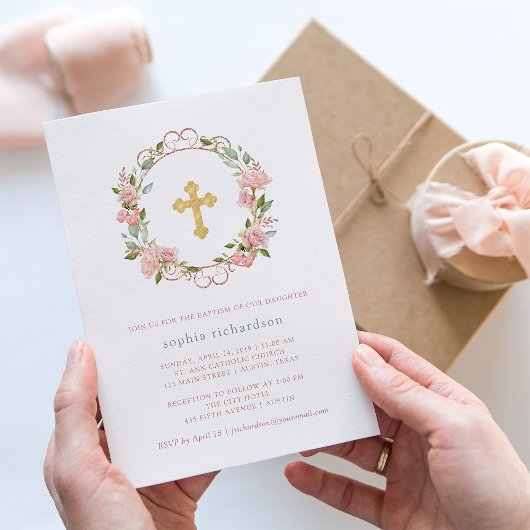 Invitation Jolies roses roses roses et Croix d'or | Baptême f