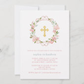Invitation Jolies roses roses roses et Croix d'or | Baptême f (Devant)
