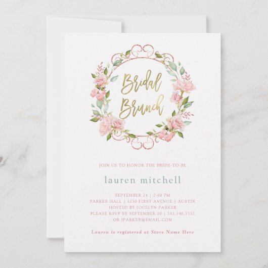 Invitation Jolies roses roses roses et script or | Brunch nup (Devant)