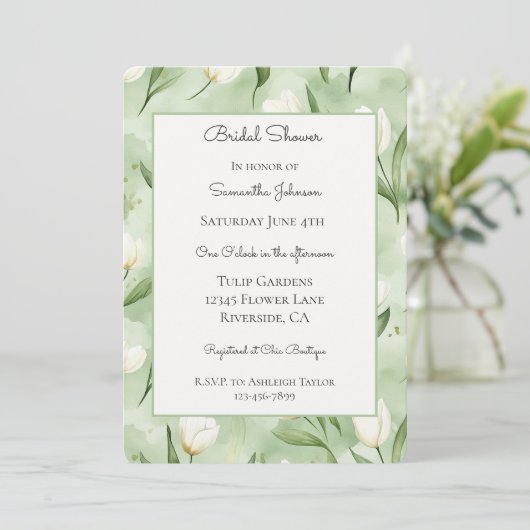 Invitation Jolies Tulipes Blanches Vertes Shower de Mariée (Debout devant)