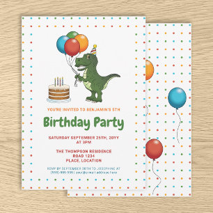 Invitation Jolis Ballons d'anniversaire colorés de Tyrannosau