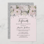 Invitation Jolis Blush rose argent floral 50e anniversaire (Devant / Derrière)