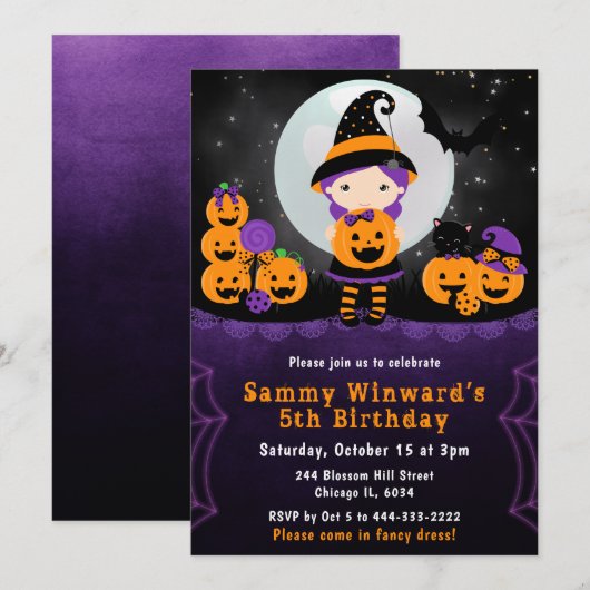 Invitation Jolis citrouilles de sorcière d'Halloween pour une (Devant / Derrière)