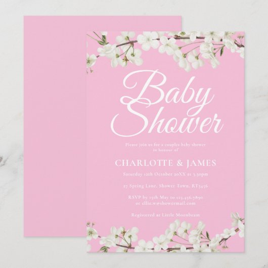 Invitation Jolis couples de fleurs blanches pour Baby Shower/ (Devant / Derrière)