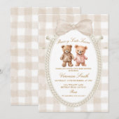 Invitation Jolis jumeaux beige blanc ourson Bébé arrive (Devant / Derrière)