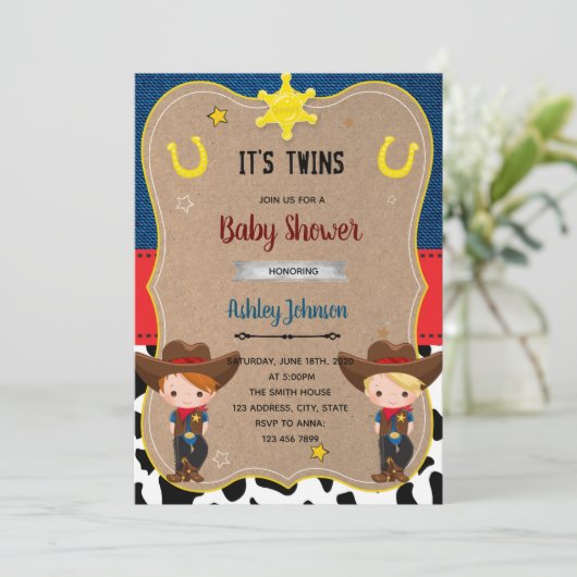 Invitation Jolis jumeaux cow-boys invitent (Debout devant)