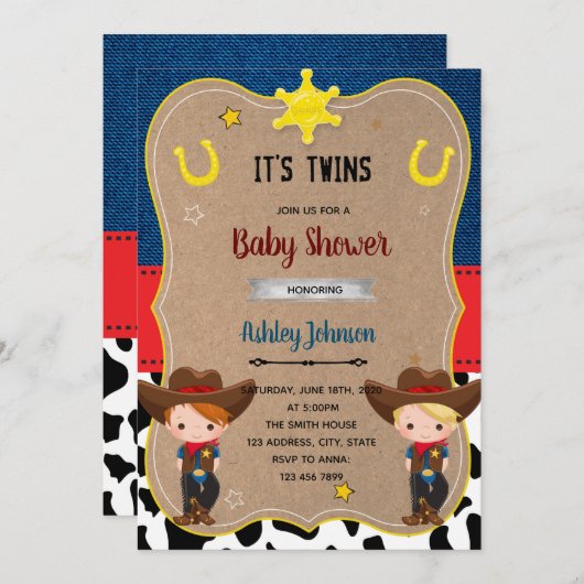 Invitation Jolis jumeaux cow-boys invitent (Devant / Derrière)