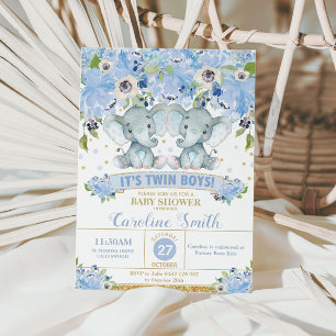 Invitation Jolis jumeaux éléphants floraux bleus pour Baby Sh